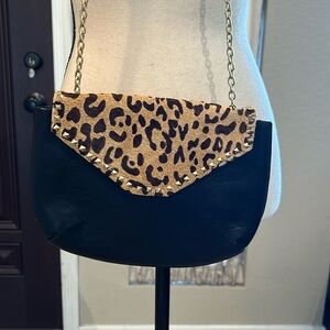 Zara Black Leather Leopard Gold chain Handbag